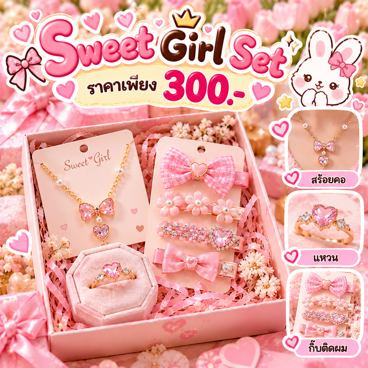 Sweet Girl Set  สร้อยคอ + แหวน + กิ๊บติดผม