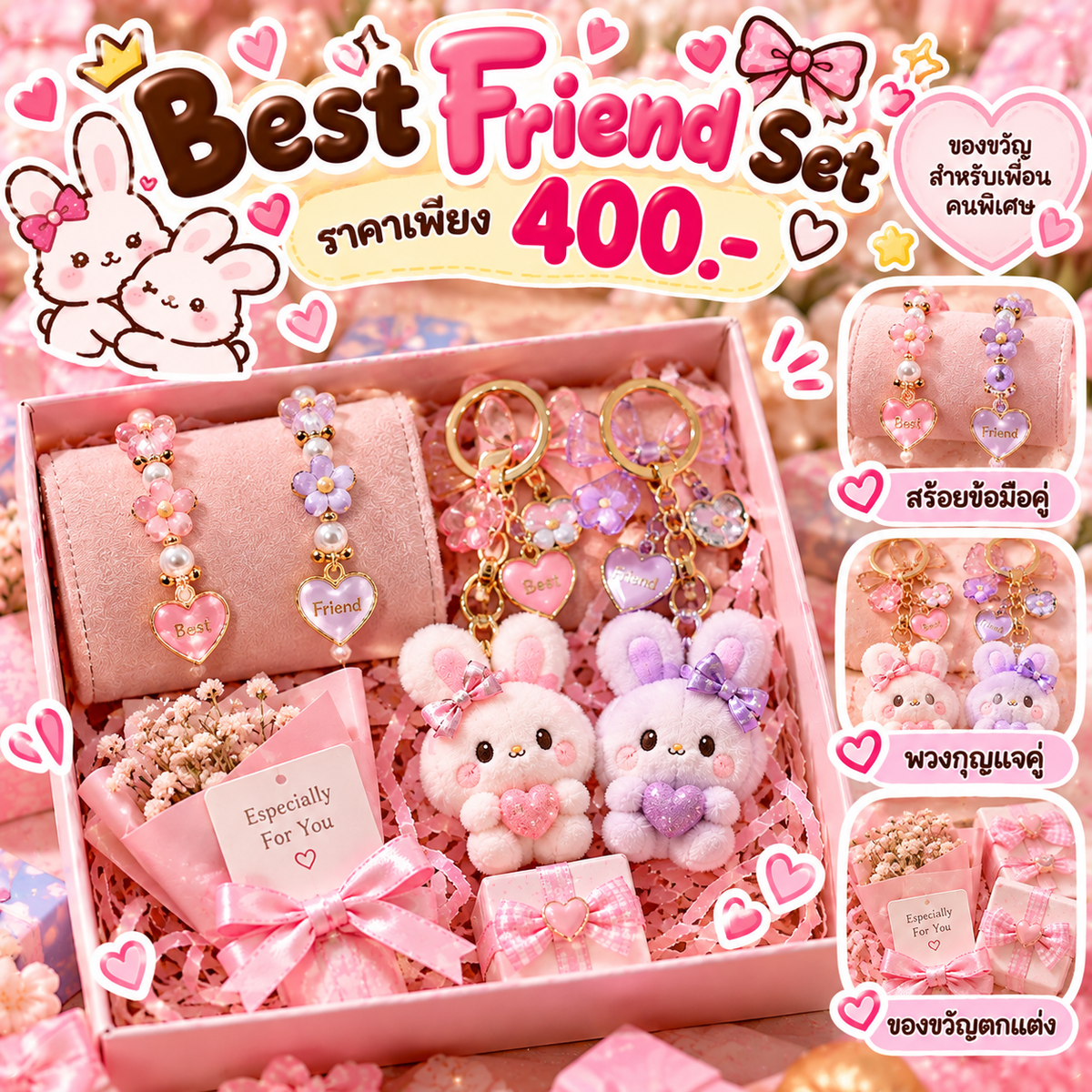 Best Friend Set  สร้อยข้อมือคู่ + พวงกุญแจคู่ + ของขวัญตกแต่ง
