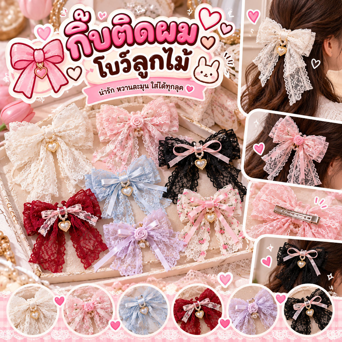 กิ๊บติดผมโบว์ลูกไม้ 1 ชิ้น
