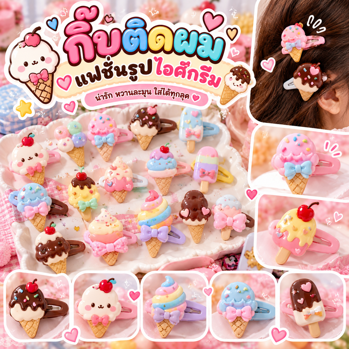 กิ๊บติดผมแฟชั่นรูปไอศครีม 20 ชิ้น คละแบบ