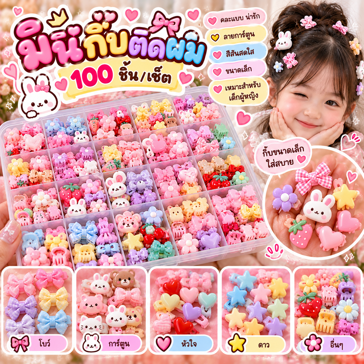 มินิกิ๊บขนาดเล็ก 100 ชิ้น คละแบบ โบว์ การ์ตูน หัวใจ ดาว
